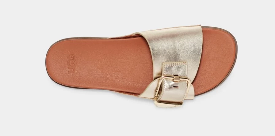 UGG Women's Solivan Buckle Slide Sandals in Pale Gold Metallic