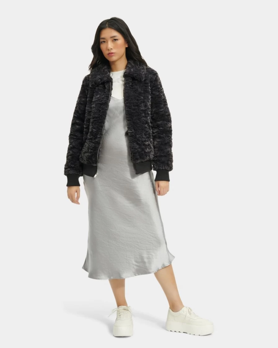 UGG Women's Ink Bomber Jacket with Faux Fur Trim - Viviana Style Cozy Outerwear