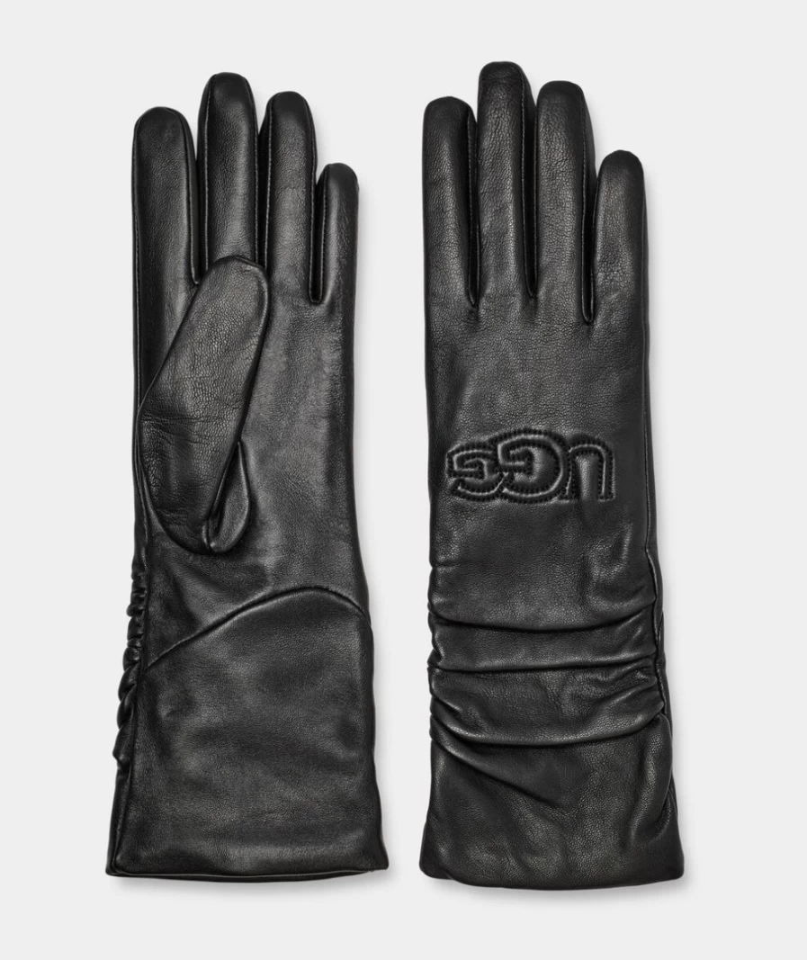 UGG Women's Black Leather Scrunched Logo Gloves - Fashionable & Comfortable